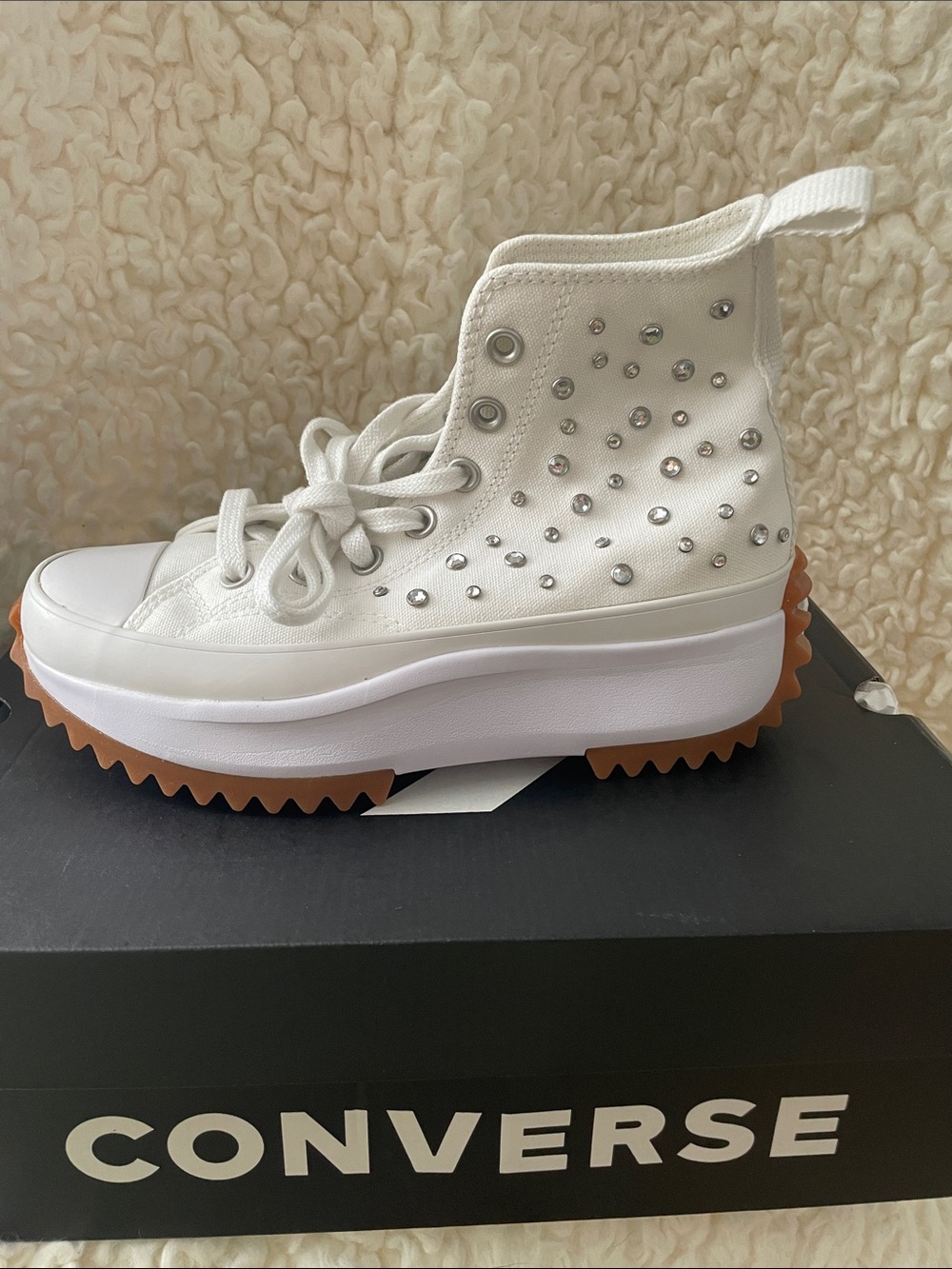 Converse White Platform High-Top Sneakers with Silver Studs and Gum Lug Sole
